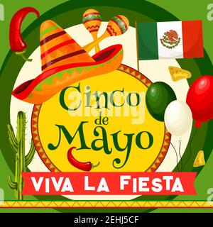 Cinco de Mayo mexikanische Grußkarte für Viva la Fiesta Feiertagsfeier. Vektor-Design von Mexiko Flagge Ballons, jalapeno Pfeffer oder Sombrero und mar Stock Vektor