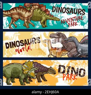 Dinosaurier Welt Banner für Dino Abenteuer Park Design. Jurassic Monster Skizze mit Tyrannosaurus rex, Stegosaurus und Velociraptor, Triceratops, Dip Stock Vektor