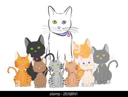 Illustration Zeichnung einer erwachsenen weißen Katze mit Heterochromie, umgeben von verschiedenen Kätzchen in verschiedenen Größen, alle Blick auf den Betrachter isoliert Stockfoto