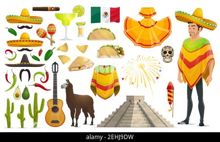 Cinco de Mayo mexikanische Feier Kultur-Ikonen. Vector isolierter Satz von Mexiko-Flagge, Mann in Sombrero und Poncho, Tequila oder Avocado und Gitarre oder mara Stock Vektor