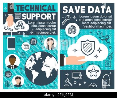 Technische Daten Wissenschaft Technik Infografik Banner mit Laptop und Smartphone, Monitor und Schloss. Menschliche Hand mit Schild als Konzept des Internet-Secu Stock Vektor
