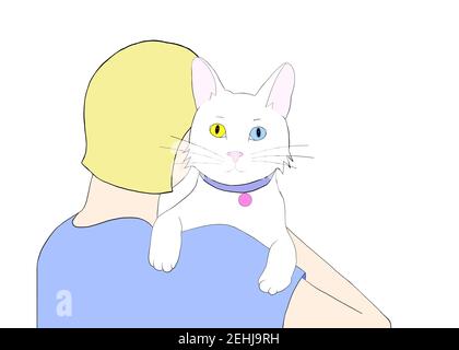 Illustration Handgezeichnete Zeichnung einer weißen Katze mit Heterochromie in den Armen einer blonden Person, die vom Betrachter weg sieht. Katze, mit Kragen mit ID Stockfoto