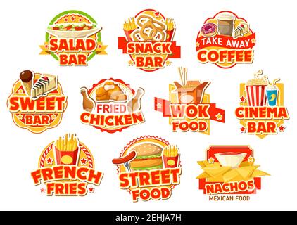 Fast-Food-Etiketten mit Salat und Snack-Bar, Kino und mexikanischen Street-Food-Café. Burger, Hähnchen und Pommes, Nuggets, Donut und Kaffee, Kuchen, Soda und Noo Stock Vektor