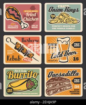 Fastfood-Menü Retro-Karten mit Essen und Getränken zum Mitnehmen. Gegrillter Kebab, Bier und Huhn, mexikanischer Burrito, Quesadilla und gebratener Zwiebelring vintage POS Stock Vektor