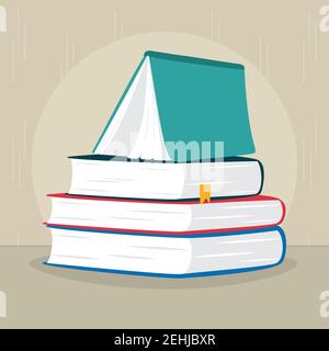 Buch steht auf Stapel von Büchern über grauen Hintergrund, flache Stil, Vektor-Illustration Stock Vektor