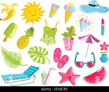 Sammlung von Sommersachen einschließlich Strandzubehör, Obst, Eis, Seesterne, Diamant, Sonne, Kaktus isoliert Vektor-Illustration Stock Vektor