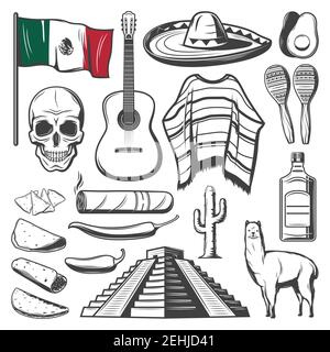 Cinco de Mayo Skizze Set von mexikanischen Feiertag festliche Symbole. Lateinamerikanische Fiesta Party Maracas, Sombrero Hut und Gitarre, Chili und Jalapeno Pfeffer, Stock Vektor