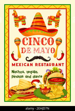 Mexikanische Restaurant festliche Menü für Cinco de Mayo Feiertagsfeier. Lateinamerikanisches Festival Traditionelles Essen, Trinken und Pfeffer Bannerdesign mit s Stock Vektor