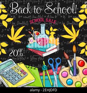 Zurück zur Schule Verkauf Poster von Schulbedarf und Büro Schreibwaren Rabatt bieten Vorlage. Schülerbuch, Bleistift und Farbe, Taschenrechner und Schere Stock Vektor