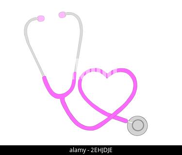 Abbildung Handgezeichnete Skizze eines leuchtend rosa Stethoskops mit Ohrrohr gebogen, um ein Herz zu bilden, isoliert auf weiß. Stockfoto