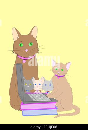 Illustration Hand gezeichnet Karikatur von erwachsenen Katze mit Kätzchen arbeiten auf Laptop-Computer auf gestapelten Buch. Homeschool Themenkonzept. Gelber Hintergrund. Stockfoto