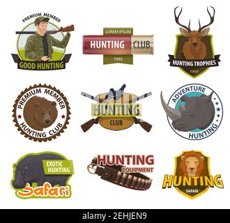 Abzeichen für Hunter Club-Mitglieder oder Symbole für die Jagd in der offenen Saison. Vector Premium Schilde Set von Jäger mit Gewehr oder Kugel, wilde Tierfalle, African safar Stock Vektor