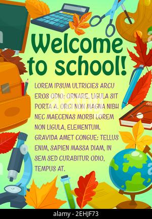 Willkommen zurück zur Schule Grußbanner für Bildung Vorlage. Buch, Stift und Tafel, Globus, Rucksack, Taschenrechner und Herbstblätter, angeordnet in Stock Vektor