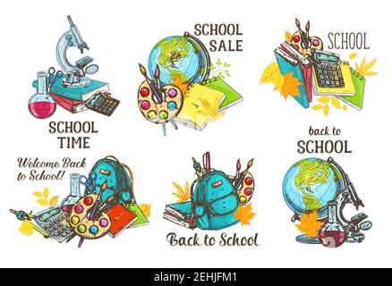 Zurück zur Schule Ikonen des Unterrichts Schreibwaren und Schulzeit Vorräte. Vektorset von Farbpalette, Pinsel oder mathematisches Lineal und Chemie Buch mit Septembe Stock Vektor