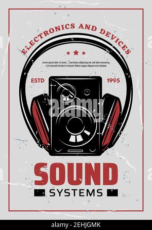 Sound Systems Retro Poster für elektronische Audiogeräte und Multimedia-Shop oder Service-Shop. Vector Vintage-Design von Musik Compact Disk oder MP3 spielen Stock Vektor