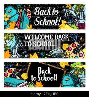 Back to School Skizzenbanner von Schreibwaren liefert Chemie Unterrichtsbuch oder Schultasche und Rechner, Bleistift oder Lineal und Geometrie Globus. Willkommen t Stock Vektor