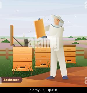 Imker im besonderen Outfit mit Waben in den Händen neben Bienenstöcken Auf Natur Hintergrund flache Komposition Vektor Illustration Stock Vektor