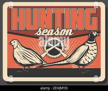 Jagdsaison Vintage Poster für Jäger Gesellschaft oder Jagd Abenteuer Club. Vector Retro Grunge Design von wilden Fasan und Rebhuhn Vögel Trophäe in wil Stock Vektor