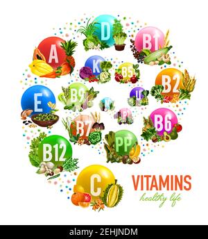 Vitamine in Obst, Gemüse und Nüsse Poster oder Multivitamin-Komplex. Vector gesunde Vitamine in Ananas oder Orangenfrucht, Blumenkohl und Tomate V Stock Vektor