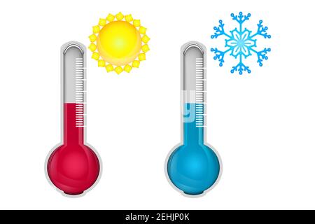 Heiß- und Kaltthermometer isoliert auf weißem Hintergrund. Zeichen für niedrige und hohe Temperatur. Thermometer mit Sonne und Schneeflocke. Vektorgrafik für Aktien Stock Vektor
