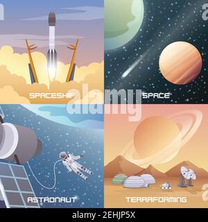 Space Exploration 2x2 flaches Design-Konzept mit Raumschiff Startup Astronaut Im offenen Raum Terraforming quadratische Kompositionen Cartoon Vektor Illustration Stock Vektor