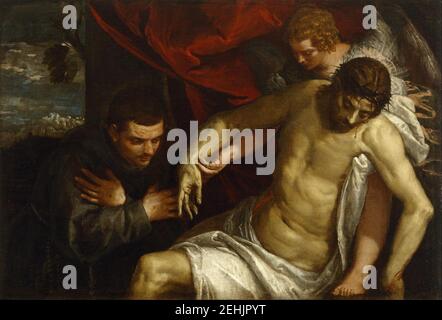 Paolo Veronese - der tote Christus unterstützt von einem Engel Und von einem Franziskaner verehrt Stockfoto