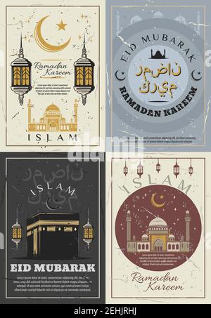 Islam Religiöse Feiertage Grußkarten, Ramadan Kareem und Eid Mubarak. Vektor retro Plakate der muslimischen Moschee und Religion Symbole der arabischen Schrift w Stock Vektor