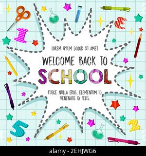 Willkommen Back to School Poster von Star Bang und Schule Schreibwaren Muster auf karierten Copybook Seite Hintergrund. Vektor Schulbuch, Bleistift oder Stift und Stock Vektor
