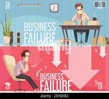 Business Failure 2 retro Cartoon Banner mit frustrierten Geschäftsmann sitzen In roten Pfeilen nach unten isolierte Vektordarstellung Stock Vektor