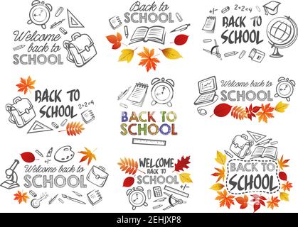 Zurück zu Schule Ikonen der Lektion Schreibwaren für September Herbst Bildung Saison. Vector isolierte Satz von Schultasche, Globus oder Stift und Bleistift, Buch und Stock Vektor