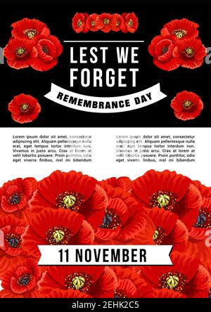 Vector Banner damit wir nicht vergessen, Konzept der Erinnerung Tag. Vektor-Poster für den 11. November in rot, schwarz und weiß. Kreatives Design mit Mohn Stock Vektor