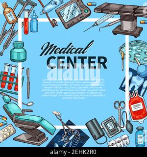 Skizzenposter für medizinische Zentren oder Krankenhäuser. Vektor-Design von Arzt und Chirurgie Artikel, Pillen und medizinische Geräte, Stethoskop und Mikroskop oder syrin Stock Vektor