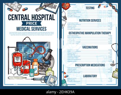 Preisliste der medizinischen Dienstleistungen des Zentralkrankenhauses. Vektor Skizze Design von Arzt Beratung, Diagnostik und Tests, Therapie und Medikamente prescripti Stock Vektor
