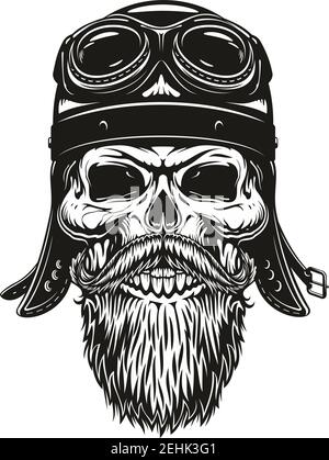 Schädel von Motorrad Racer in Leder Helm und Brille mit Bart und Schnurrbart für T-Shirt-Print-Design. Biker Schädel oder Motorrad Fahrer Skizze für t Stock Vektor