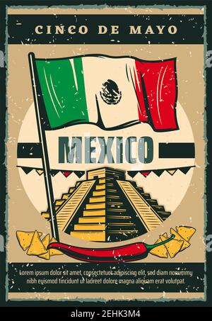 Cinco de Mayo Mexican Holiday Sketch Poster Retro-Design von Mexiko-Flagge, jalapeno Pfeffer und Nachos für traditionelle Fiesta Feier. Vektor Cinco d Stock Vektor