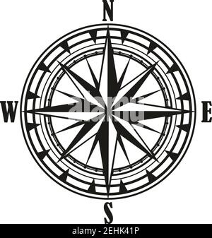 Vintage Kompass Rose isoliert Symbol, Reise-und nautische Navigation Design. Schwarz-weißes Retro-Diagramm der Kompassrose mit Stern von Nord, Süd, EA Stock Vektor