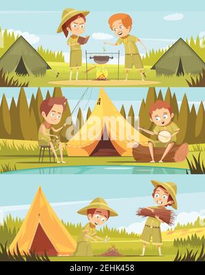 Scouting Jungen Sommer Camp Aktivitäten 3 retro Cartoon horizontale Banner Set mit Lagerfeuer Kochen isoliert Vektor-Illustration Stock Vektor