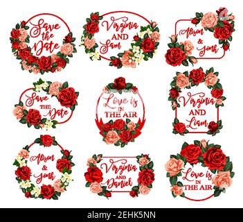 Blumen Rahmen für Save the Date Hochzeit Einladung oder Grußkarte Design. Vector Love is in Air Zitate von blühenden Frühlingsrosen blühen Stock Vektor