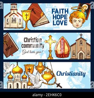 Christentum Religion Banner, christliche Kirche Objekte. Kreuz, Gott und Jesus Christus, heilige Bibel, katholischer Rosenkranz und Kirchenbau, Kruzifix, Taube Stock Vektor