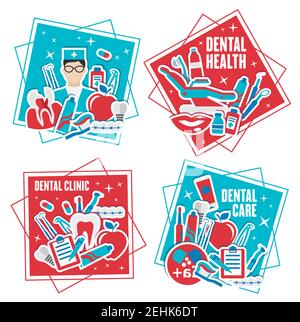 Symbole für Zahngesundheit und -Pflege. Zahnarzt in Uniform und Stuhl für die Untersuchung, menschliche Zähne und Zahnspangen, Zahnpasta und Zahnbürste, zahnärztliche Werkzeuge und den Stock Vektor