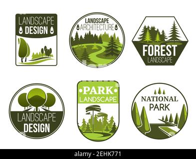 Landschaftsgestaltung und Gartenarbeit Service Vektor-Icons, Wald, Park und Garten. Grüne Natur Embleme der Landschaft Design-Studio mit dekorativen Bäumen, p Stock Vektor