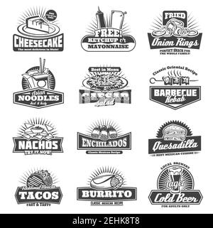 Takeaway Abzeichen süßer Käsekuchen, kostenlose Ketchup und Mayonnaise, Zwiebelringe und asiatische Nudeln. Caesar Salat und Barbecue Kebab, knusprige Nachos und enchi Stock Vektor