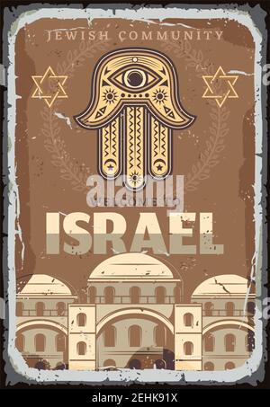 Willkommen bei Israel Promo Poster mit Land-Symbole. Davidstern und Lorbeerkranz und Fatidas Hand Amulett, Synagoge und Architektur Gebäude in einem Stock Vektor