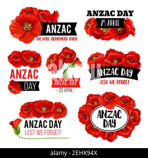 Anzac Tag Mohnblume Gedenkkarte mit Lest We Forget Message. Rote Blume der Mohnblüte Pflanze für 25 April Gedenken an Australien Stock Vektor