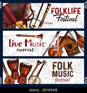 Volksmusik Festival Skizze Banner der traditionellen Musikinstrumente. Vektor-Design von Zither, American Banjo Gitarre oder Flöte und Reed Pie mit Japan Stock Vektor