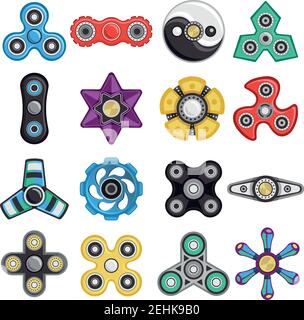 Bunte Hand fidget Spinner in verschiedenen Formen Spielzeug für Stress Relief-Set isoliert auf weißem Hintergrund flache Vektorgrafik Stock Vektor