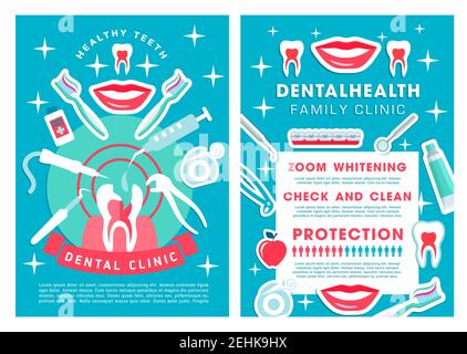 Zahnplakat mit Familienklinik Dienstleistungen. Überprüfen und reinigen, Zoom und Aufhellung, Schutz zahnärztliche Gesundheitsversorgung Verfahren und Zahnarzt Zubehör Symbole V Stock Vektor