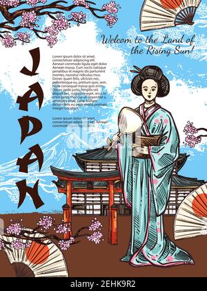 Japan Reise Skizze Poster von japanischen traditionellen Symbolen. Vector Geisha Frau in Kimono mit Ventilator am Fuji Berg und Pagodentempel mit blühendem Sakur Stock Vektor