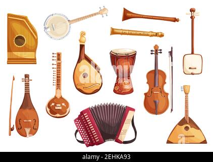 Volksmusik Instrumente Aquarell Ikonen von String, Bläser und Schlagzeug. Ethnische Sitar, Balalaika und Djembe Trommel, Banjo, Viola und Flöte, Zither, accor Stock Vektor