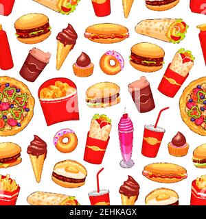 Street Fast Food Desserts, Getränke und Snacks Symbole nahtlose Muster. Hintergrund mit Kebabs und gebratenem Huhn, Burger und Hotdog, Pizza und Kaffee, sw Stock Vektor